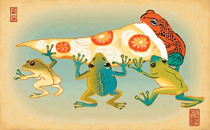 Finished plate The same two frogs finished in colour, with texture and light