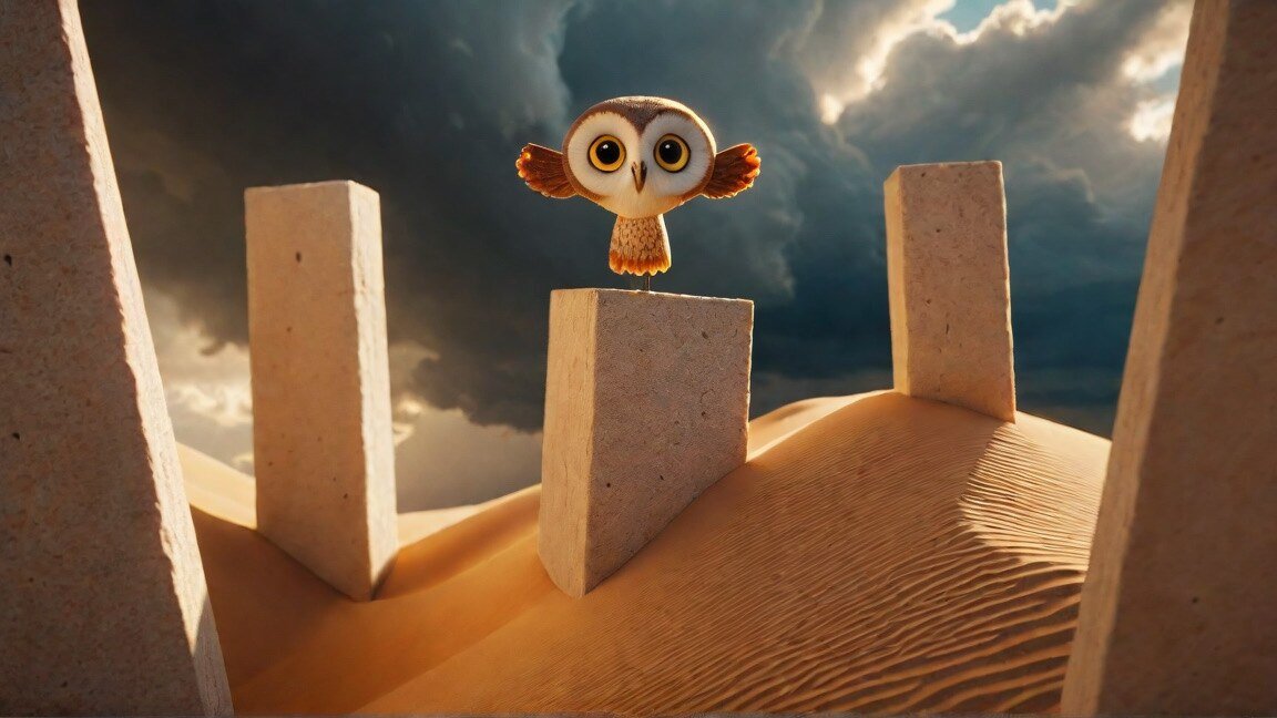 Generated 3D scene: a small owl on a stone slab in a desert