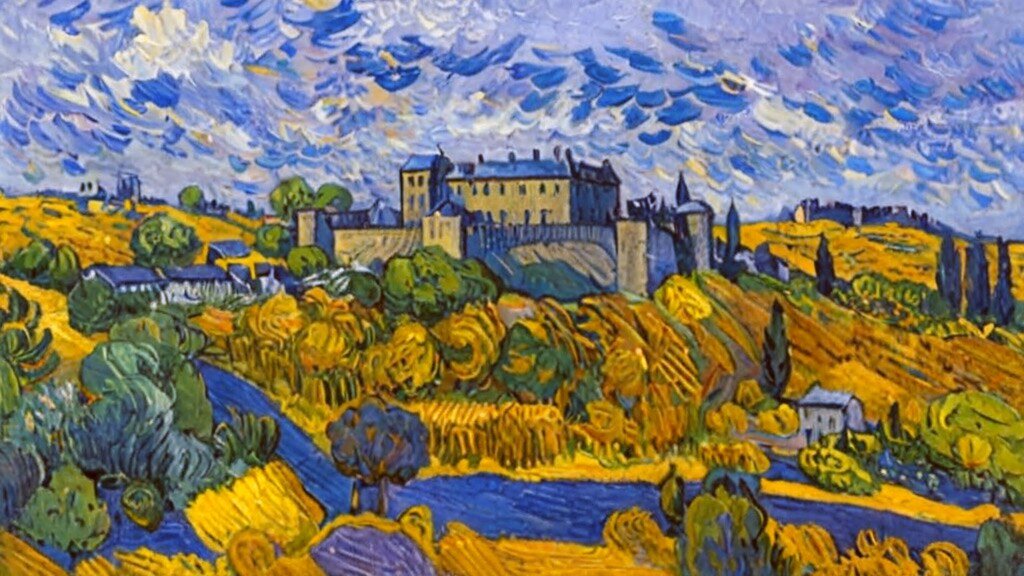 A landscape restyled as a painting, brushwork consistent across the frame